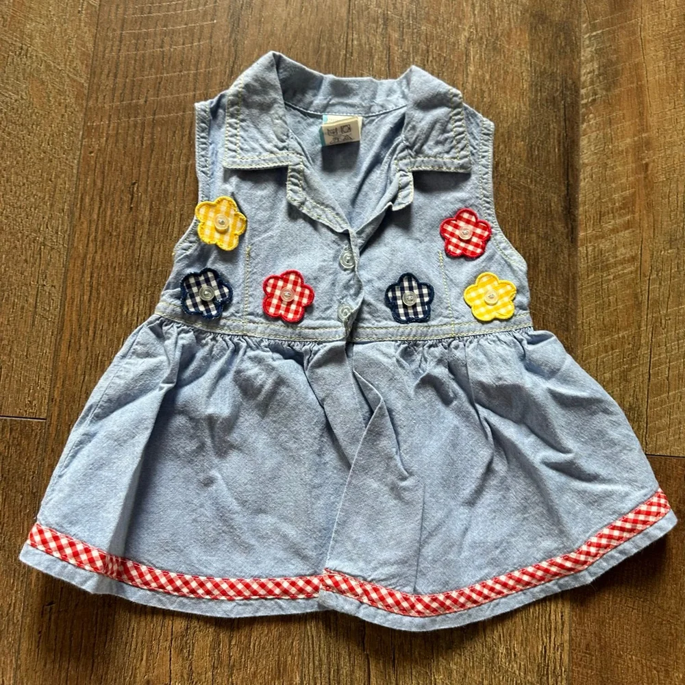 Baby vintage Casual Dress 6-9 Months Blue with Gingham Flowers